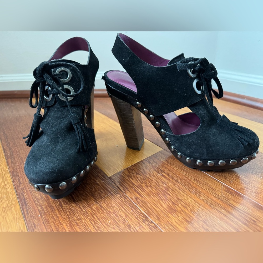 Coach Poppy Rena Suede Sling-back Wooden Platform Sandals | Black